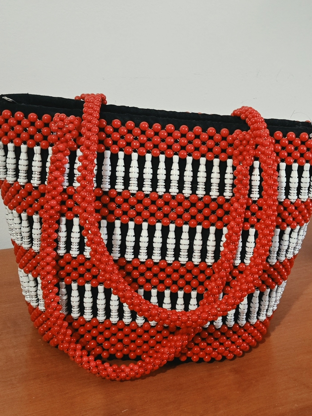 Handcrafted Red and White Beaded Tote Bag